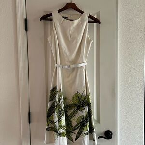 Talbots Cream Sleeveless A-Line lined Midi Dress w/dragonflies Vintage